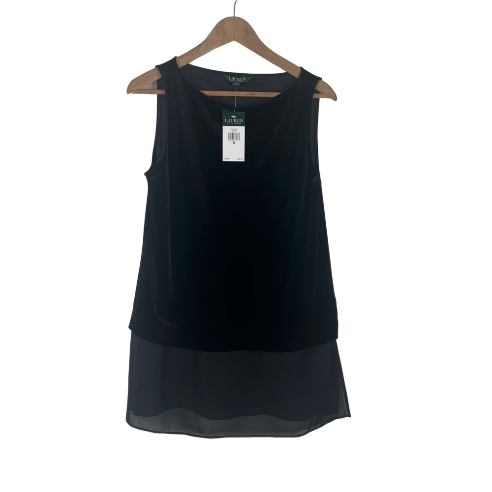 Lauren Ralph Lauren Velvet Chiffon Hem Tank Medium Black‎ MSRP $90 Elegant